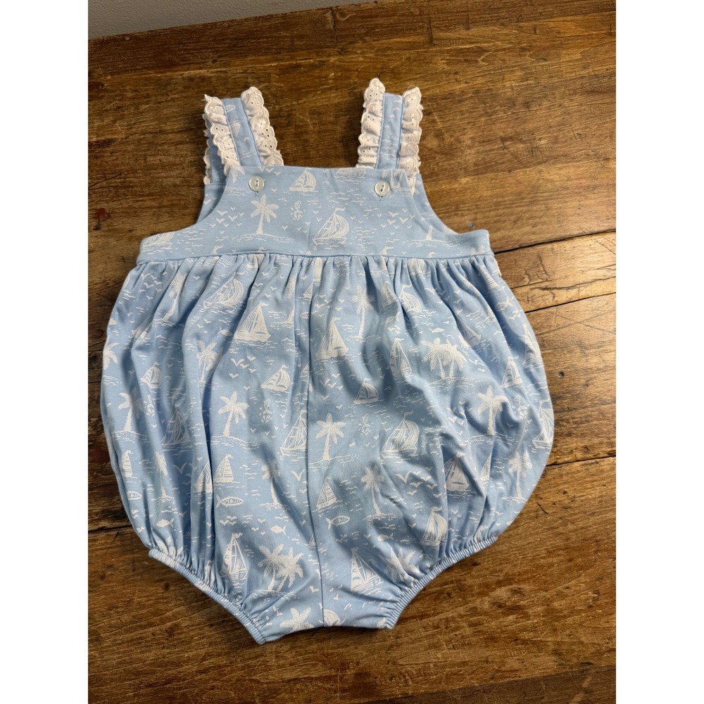 The Beaufort Bonnet Company Babs Bubble Bay Side Boats Blue 2T Girls Romper NWT